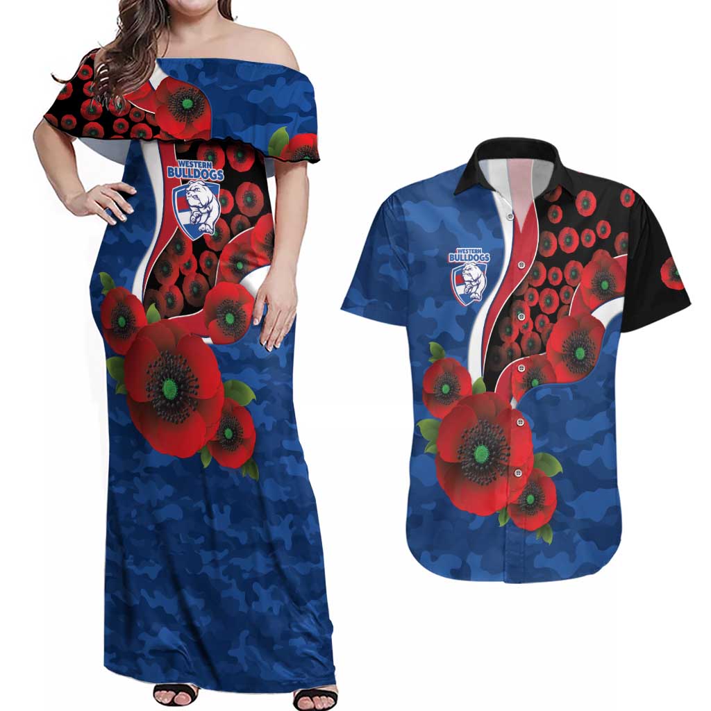 Western Bulldogs ANZAC Personalised Couples Matching Off Shoulder Maxi Dress and Hawaiian Shirt Lest We Forget Poppy Camo