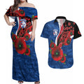 Western Bulldogs ANZAC Personalised Couples Matching Off Shoulder Maxi Dress and Hawaiian Shirt Lest We Forget Poppy Camo