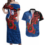 Western Bulldogs ANZAC Personalised Couples Matching Off Shoulder Maxi Dress and Hawaiian Shirt Lest We Forget Poppy Camo