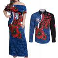 Western Bulldogs ANZAC Personalised Couples Matching Off Shoulder Maxi Dress and Long Sleeve Button Shirt Lest We Forget Poppy Camo