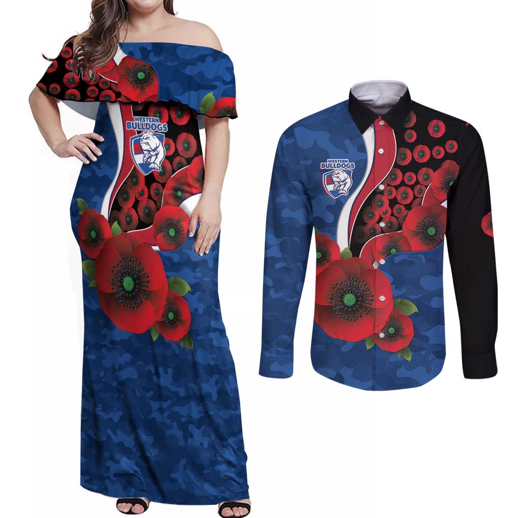 Western Bulldogs ANZAC Personalised Couples Matching Off Shoulder Maxi Dress and Long Sleeve Button Shirt Lest We Forget Poppy Camo
