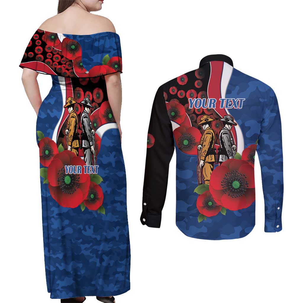 Western Bulldogs ANZAC Personalised Couples Matching Off Shoulder Maxi Dress and Long Sleeve Button Shirt Lest We Forget Poppy Camo