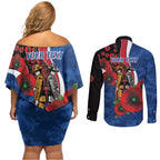 Western Bulldogs ANZAC Personalised Couples Matching Off Shoulder Short Dress and Long Sleeve Button Shirt Lest We Forget Poppy Camo