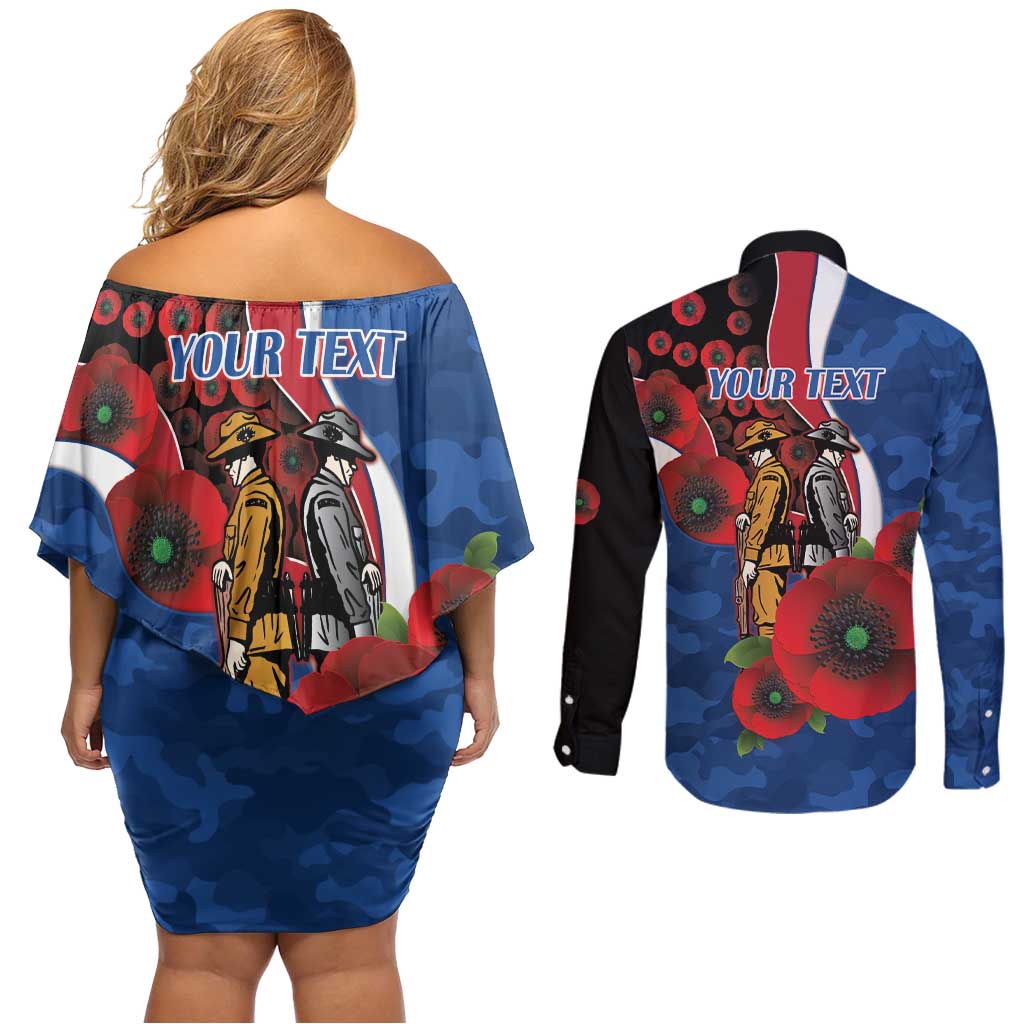 Western Bulldogs ANZAC Personalised Couples Matching Off Shoulder Short Dress and Long Sleeve Button Shirt Lest We Forget Poppy Camo