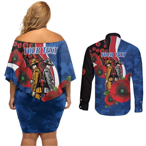 Western Bulldogs ANZAC Personalised Couples Matching Off Shoulder Short Dress and Long Sleeve Button Shirt Lest We Forget Poppy Camo