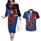 Western Bulldogs ANZAC Personalised Couples Matching Off The Shoulder Long Sleeve Dress and Hawaiian Shirt Lest We Forget Poppy Camo