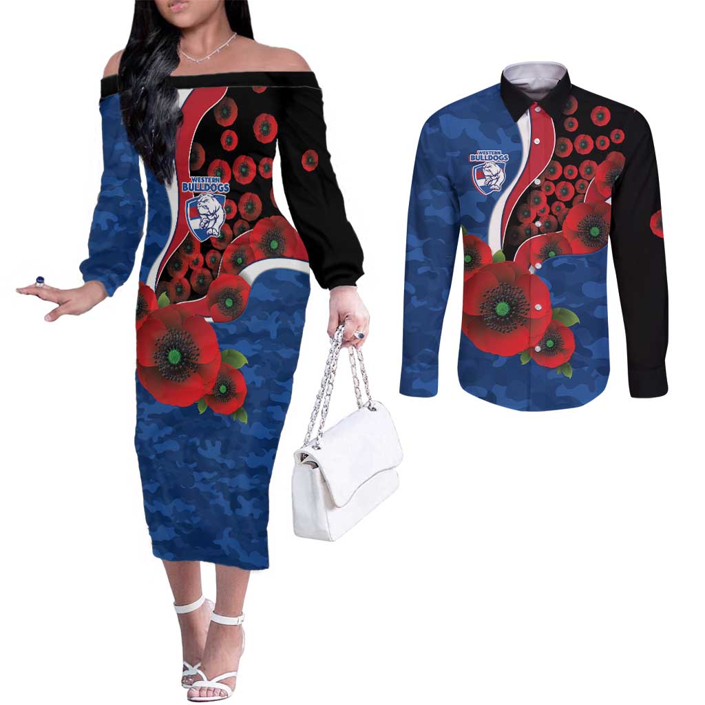 Western Bulldogs ANZAC Personalised Couples Matching Off The Shoulder Long Sleeve Dress and Long Sleeve Button Shirt Lest We Forget Poppy Camo