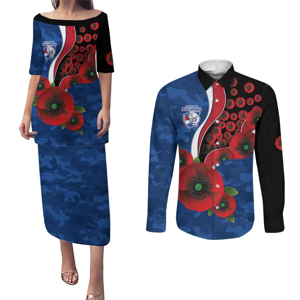 Western Bulldogs ANZAC Personalised Couples Matching Puletasi and Long Sleeve Button Shirt Lest We Forget Poppy Camo