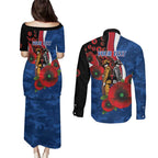 Western Bulldogs ANZAC Personalised Couples Matching Puletasi and Long Sleeve Button Shirt Lest We Forget Poppy Camo