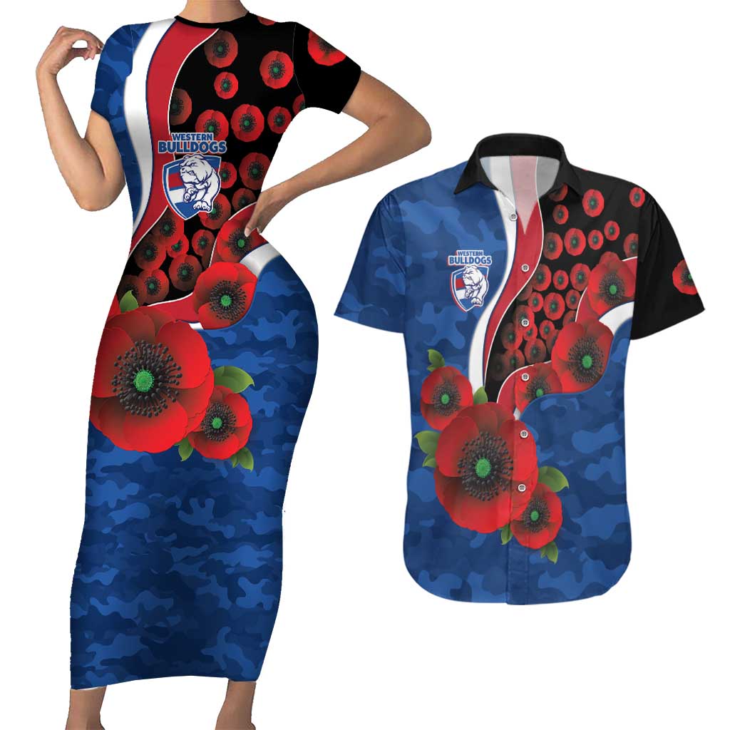 Western Bulldogs ANZAC Personalised Couples Matching Short Sleeve Bodycon Dress and Hawaiian Shirt Lest We Forget Poppy Camo