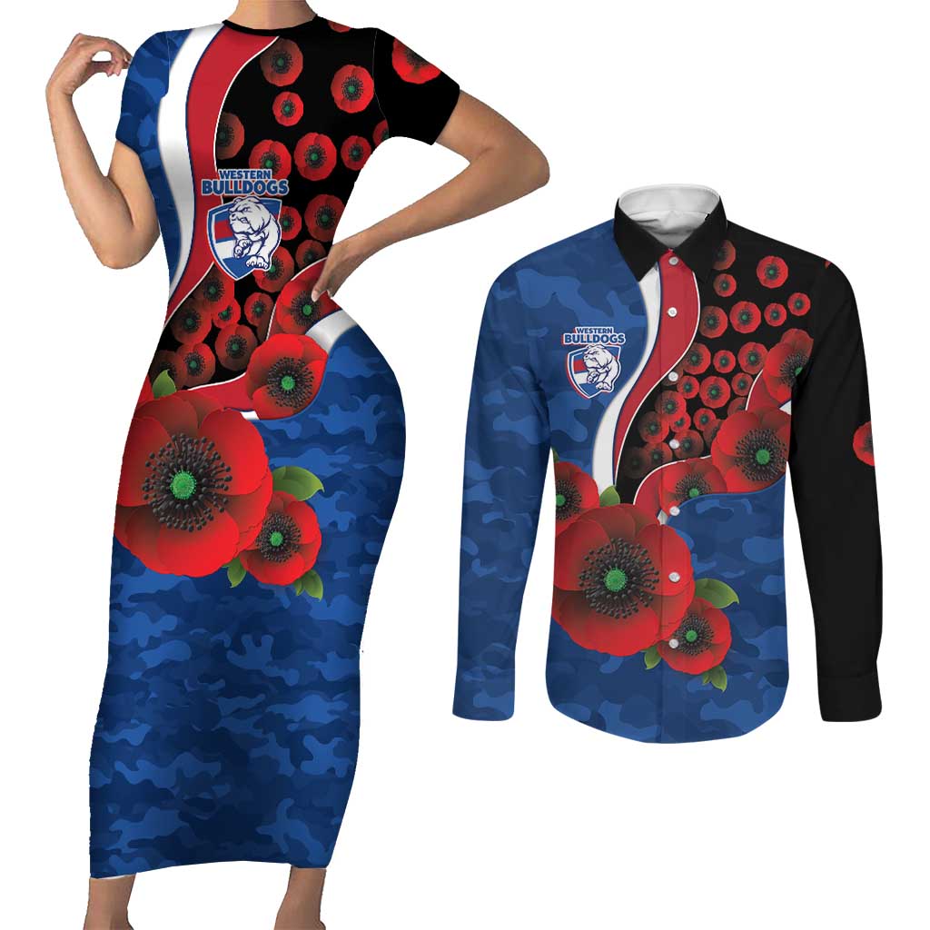Western Bulldogs ANZAC Personalised Couples Matching Short Sleeve Bodycon Dress and Long Sleeve Button Shirt Lest We Forget Poppy Camo