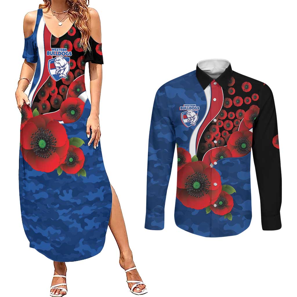 Western Bulldogs ANZAC Personalised Couples Matching Summer Maxi Dress and Long Sleeve Button Shirt Lest We Forget Poppy Camo