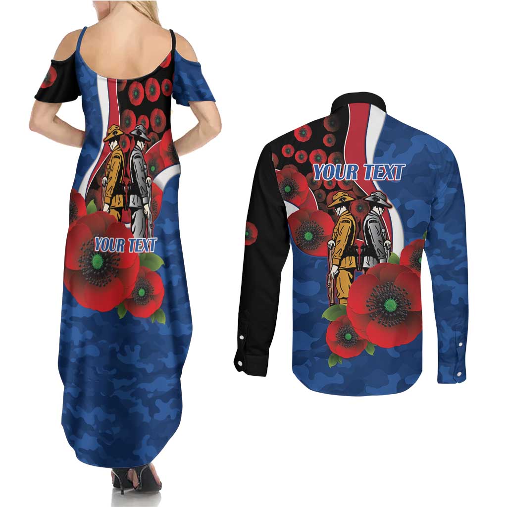Western Bulldogs ANZAC Personalised Couples Matching Summer Maxi Dress and Long Sleeve Button Shirt Lest We Forget Poppy Camo