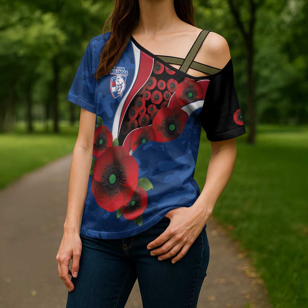 Western Bulldogs ANZAC Personalised Cross Shoulder Shirt Lest We Forget Poppy Camo