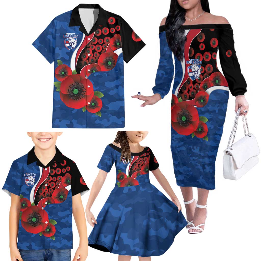 Western Bulldogs ANZAC Personalised Family Matching Off The Shoulder Long Sleeve Dress and Hawaiian Shirt Lest We Forget Poppy Camo
