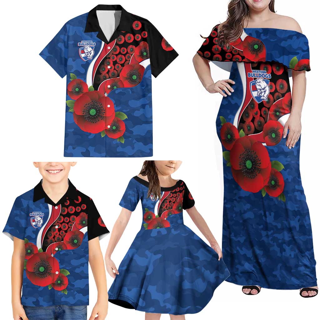 Western Bulldogs ANZAC Personalised Family Matching Off Shoulder Maxi Dress and Hawaiian Shirt Lest We Forget Poppy Camo