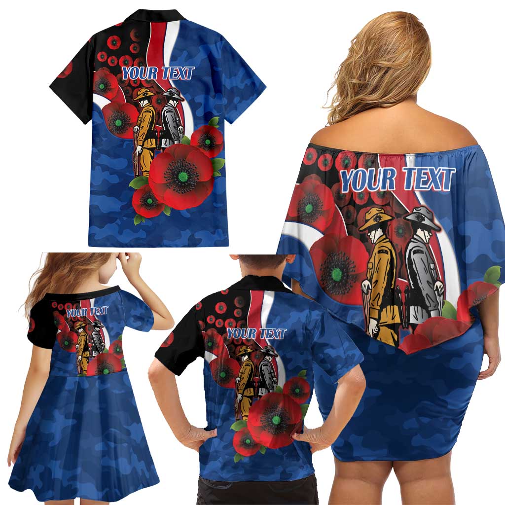 Western Bulldogs ANZAC Personalised Family Matching Off Shoulder Short Dress and Hawaiian Shirt Lest We Forget Poppy Camo