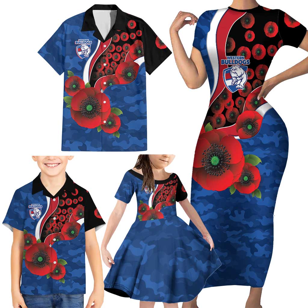 Western Bulldogs ANZAC Personalised Family Matching Short Sleeve Bodycon Dress and Hawaiian Shirt Lest We Forget Poppy Camo