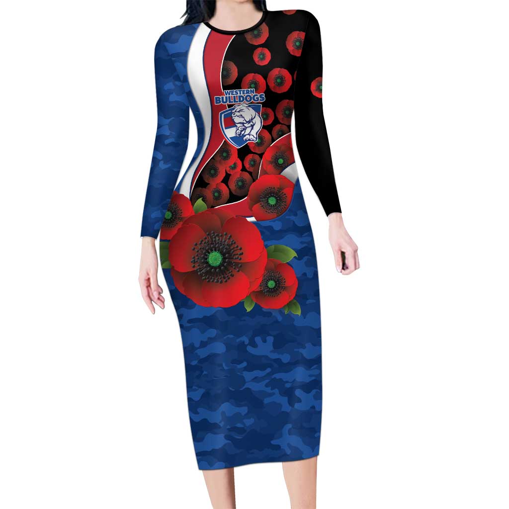 Western Bulldogs ANZAC Personalised Long Sleeve Bodycon Dress Lest We Forget Poppy Camo