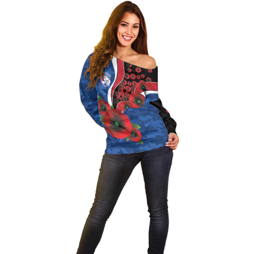 Western Bulldogs ANZAC Personalised Off Shoulder Sweater Lest We Forget Poppy Camo