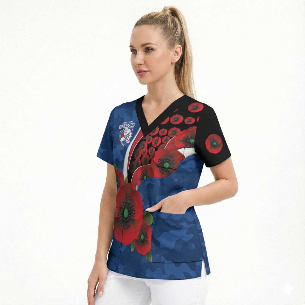 Western Bulldogs ANZAC Personalised Scrub Top Lest We Forget Poppy Camo