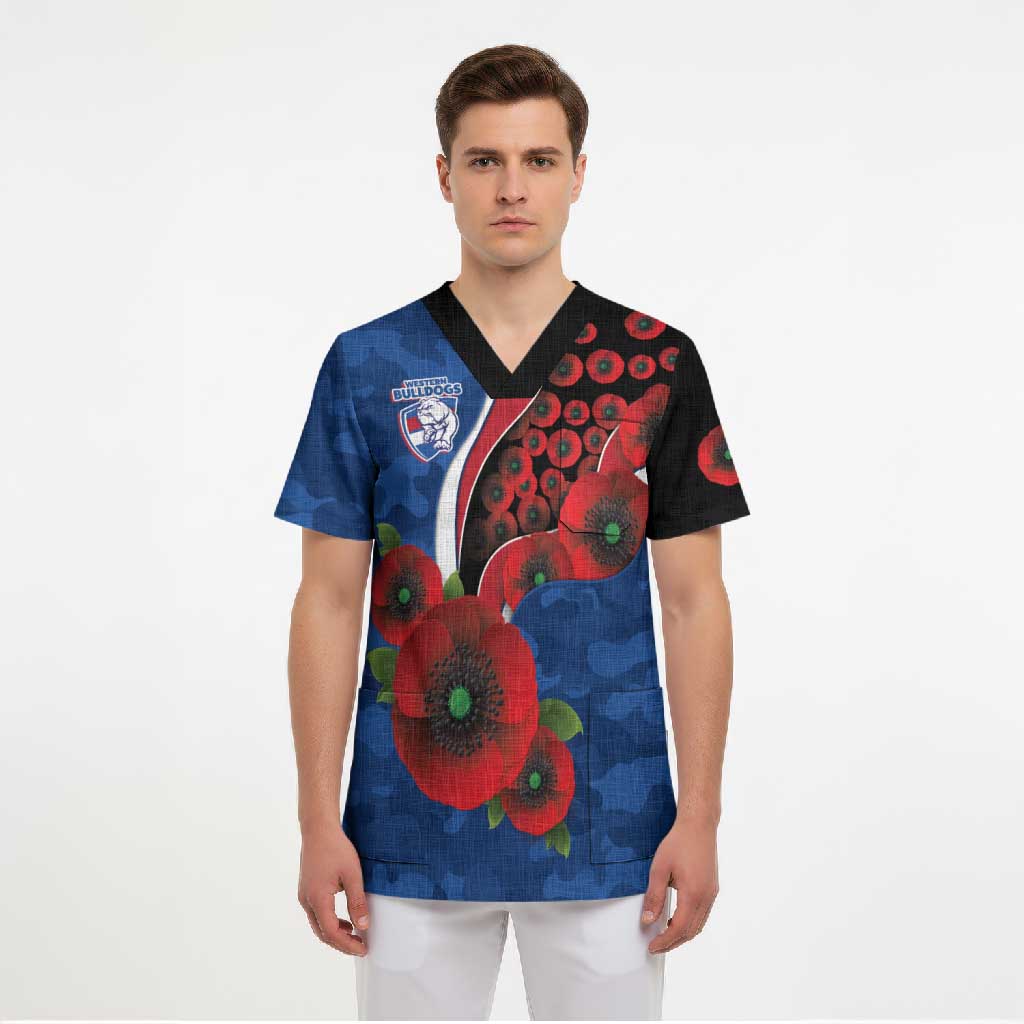 Western Bulldogs ANZAC Personalised Scrub Top Lest We Forget Poppy Camo