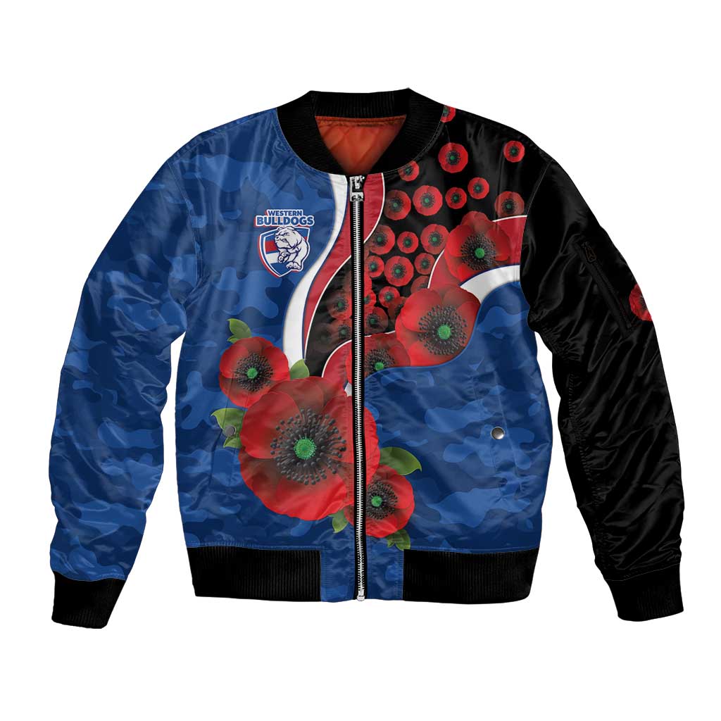 Western Bulldogs ANZAC Personalised Sleeve Zip Bomber Jacket Lest We Forget Poppy Camo