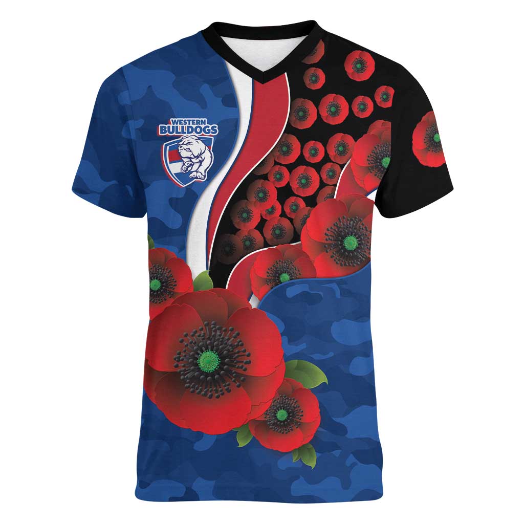 Western Bulldogs ANZAC Personalised Women V-Neck T-Shirt Lest We Forget Poppy Camo