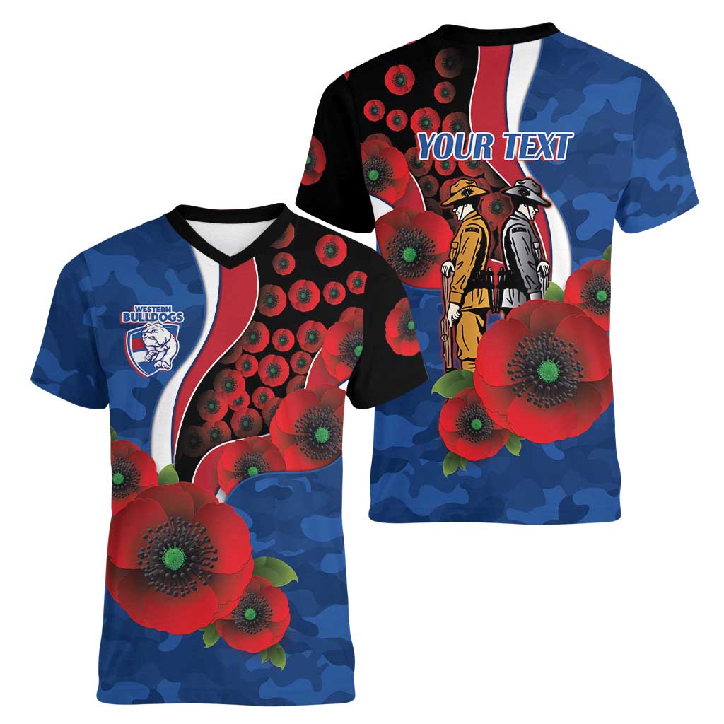 Western Bulldogs ANZAC Personalised Women V-Neck T-Shirt Lest We Forget Poppy Camo