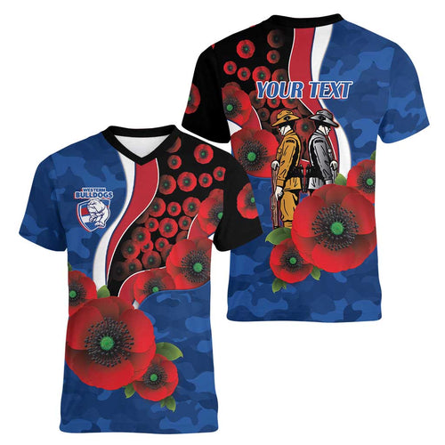 Western Bulldogs ANZAC Personalised Women V-Neck T-Shirt Lest We Forget Poppy Camo