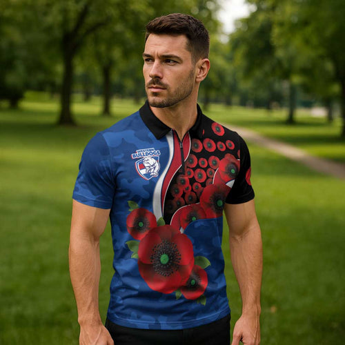 Western Bulldogs ANZAC Personalised Zipper Polo Shirt Lest We Forget Poppy Camo