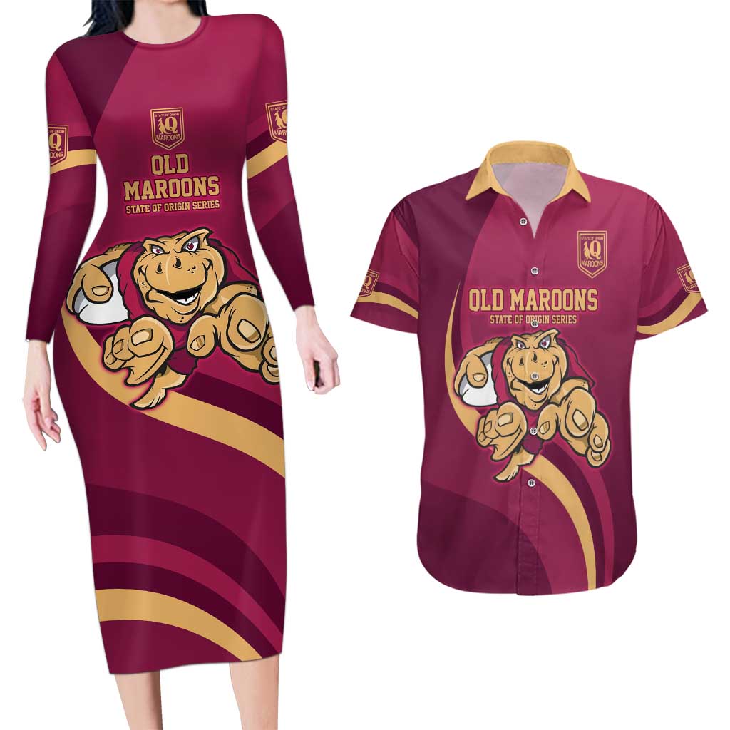 Custom QLD Maroons Cane Toad Couples Matching Long Sleeve Bodycon Dress and Hawaiian Shirt Queensland Origin No1