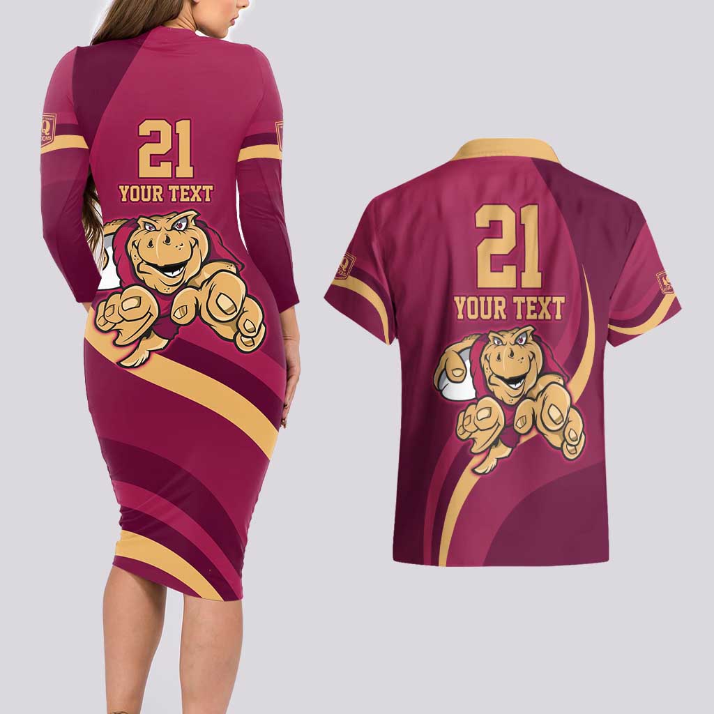 Custom QLD Maroons Cane Toad Couples Matching Long Sleeve Bodycon Dress and Hawaiian Shirt Queensland Origin No1