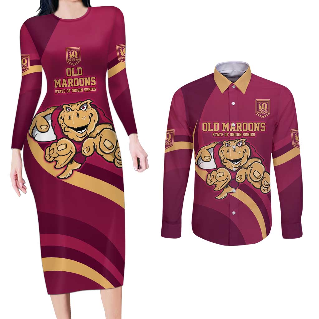 Custom QLD Maroons Cane Toad Couples Matching Long Sleeve Bodycon Dress and Long Sleeve Button Shirt Queensland Origin No1