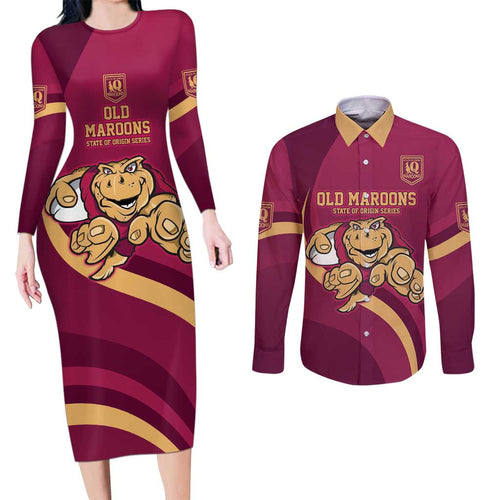 Custom QLD Maroons Cane Toad Couples Matching Long Sleeve Bodycon Dress and Long Sleeve Button Shirt Queensland Origin No1