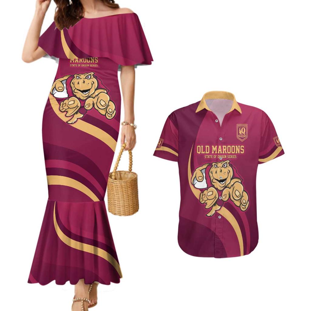 Custom QLD Maroons Cane Toad Couples Matching Mermaid Dress and Hawaiian Shirt Queensland Origin No1