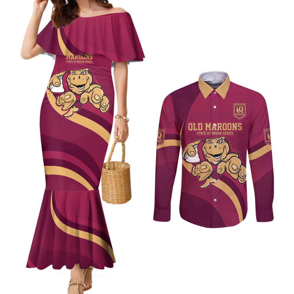 Custom QLD Maroons Cane Toad Couples Matching Mermaid Dress and Long Sleeve Button Shirt Queensland Origin No1