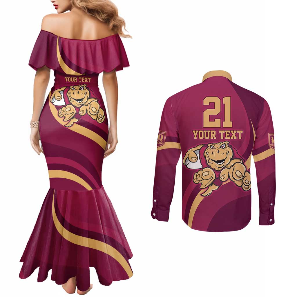Custom QLD Maroons Cane Toad Couples Matching Mermaid Dress and Long Sleeve Button Shirt Queensland Origin No1