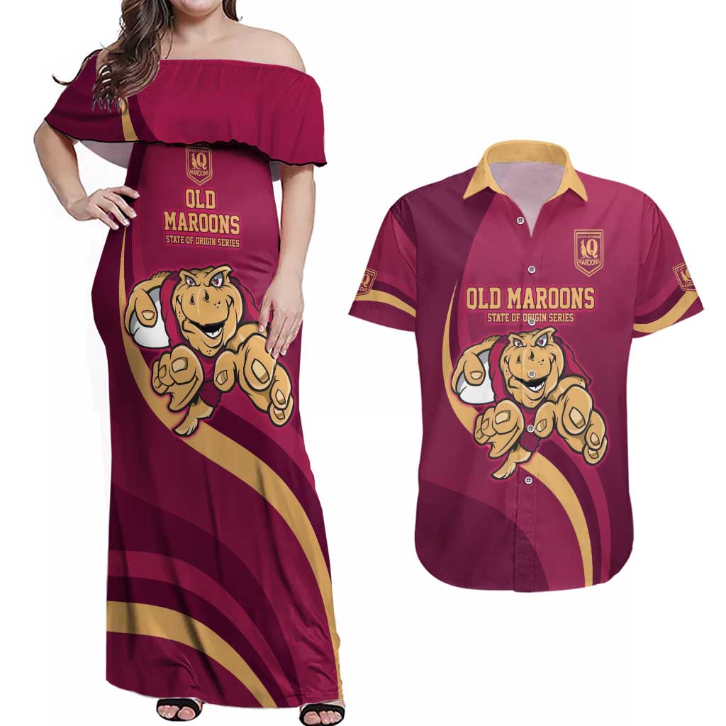 Custom QLD Maroons Cane Toad Couples Matching Off Shoulder Maxi Dress and Hawaiian Shirt Queensland Origin No1