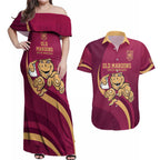 Custom QLD Maroons Cane Toad Couples Matching Off Shoulder Maxi Dress and Hawaiian Shirt Queensland Origin No1