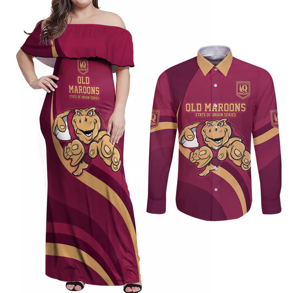 Custom QLD Maroons Cane Toad Couples Matching Off Shoulder Maxi Dress and Long Sleeve Button Shirt Queensland Origin No1