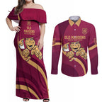 Custom QLD Maroons Cane Toad Couples Matching Off Shoulder Maxi Dress and Long Sleeve Button Shirt Queensland Origin No1