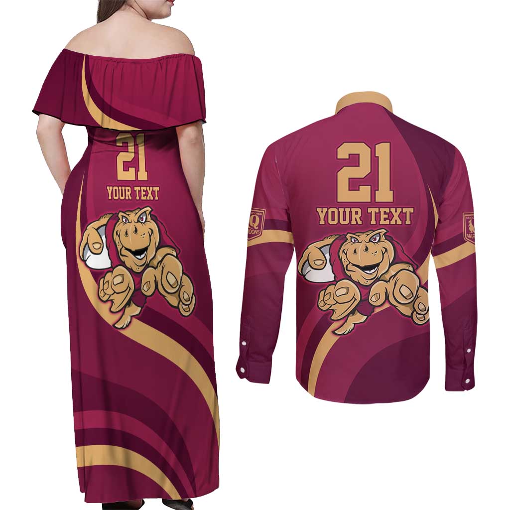 Custom QLD Maroons Cane Toad Couples Matching Off Shoulder Maxi Dress and Long Sleeve Button Shirt Queensland Origin No1