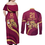 Custom QLD Maroons Cane Toad Couples Matching Off Shoulder Maxi Dress and Long Sleeve Button Shirt Queensland Origin No1