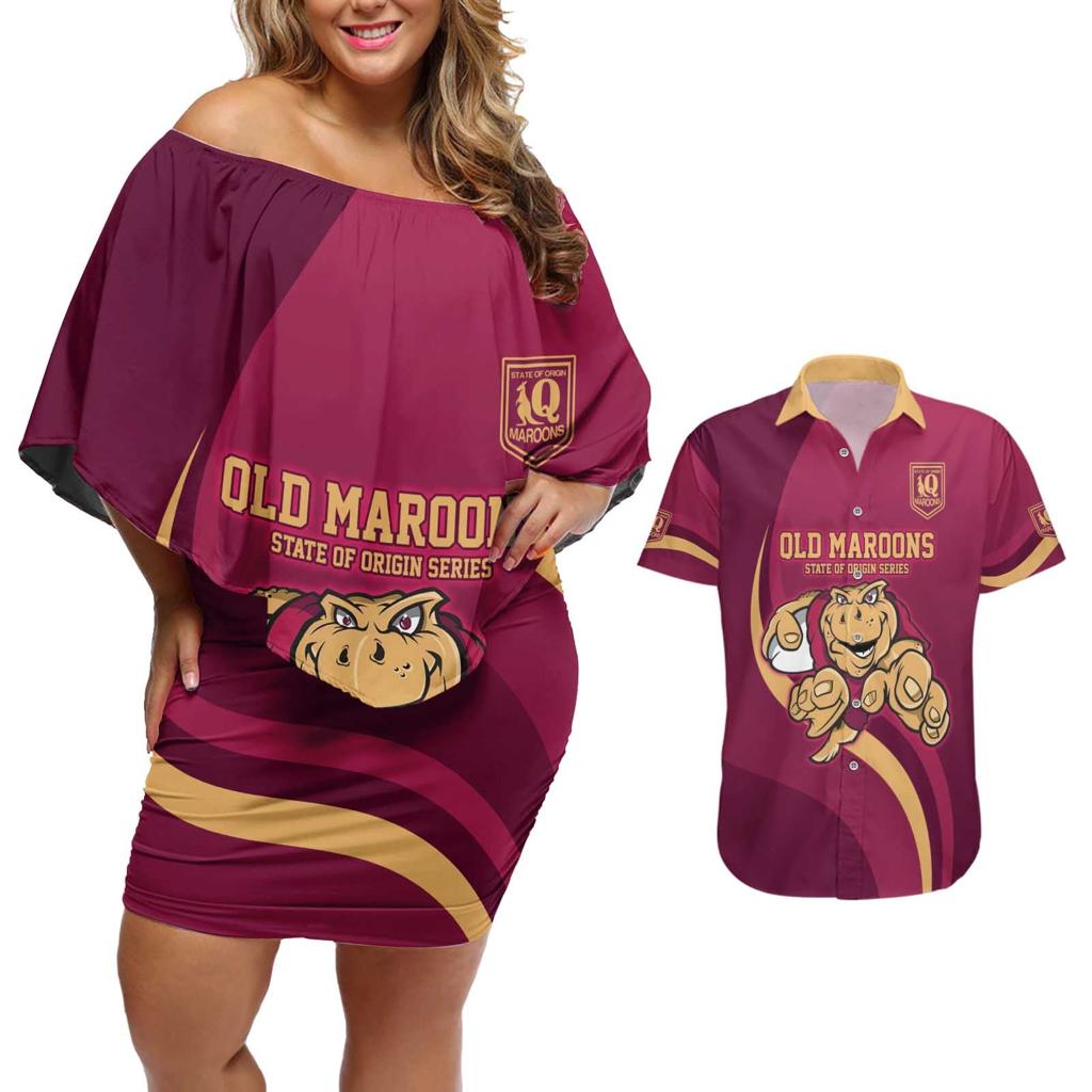 Custom QLD Maroons Cane Toad Couples Matching Off Shoulder Short Dress and Hawaiian Shirt Queensland Origin No1