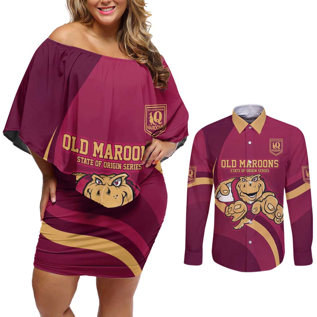 Custom QLD Maroons Cane Toad Couples Matching Off Shoulder Short Dress and Long Sleeve Button Shirt Queensland Origin No1