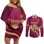 Custom QLD Maroons Cane Toad Couples Matching Off Shoulder Short Dress and Long Sleeve Button Shirt Queensland Origin No1