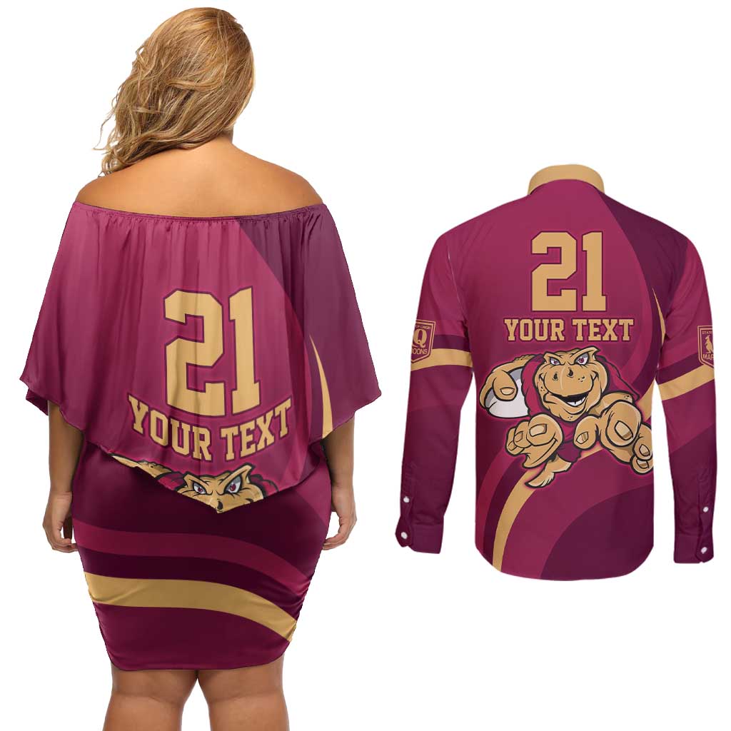 Custom QLD Maroons Cane Toad Couples Matching Off Shoulder Short Dress and Long Sleeve Button Shirt Queensland Origin No1
