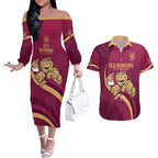 Custom QLD Maroons Cane Toad Couples Matching Off The Shoulder Long Sleeve Dress and Hawaiian Shirt Queensland Origin No1