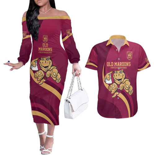 Custom QLD Maroons Cane Toad Couples Matching Off The Shoulder Long Sleeve Dress and Hawaiian Shirt Queensland Origin No1